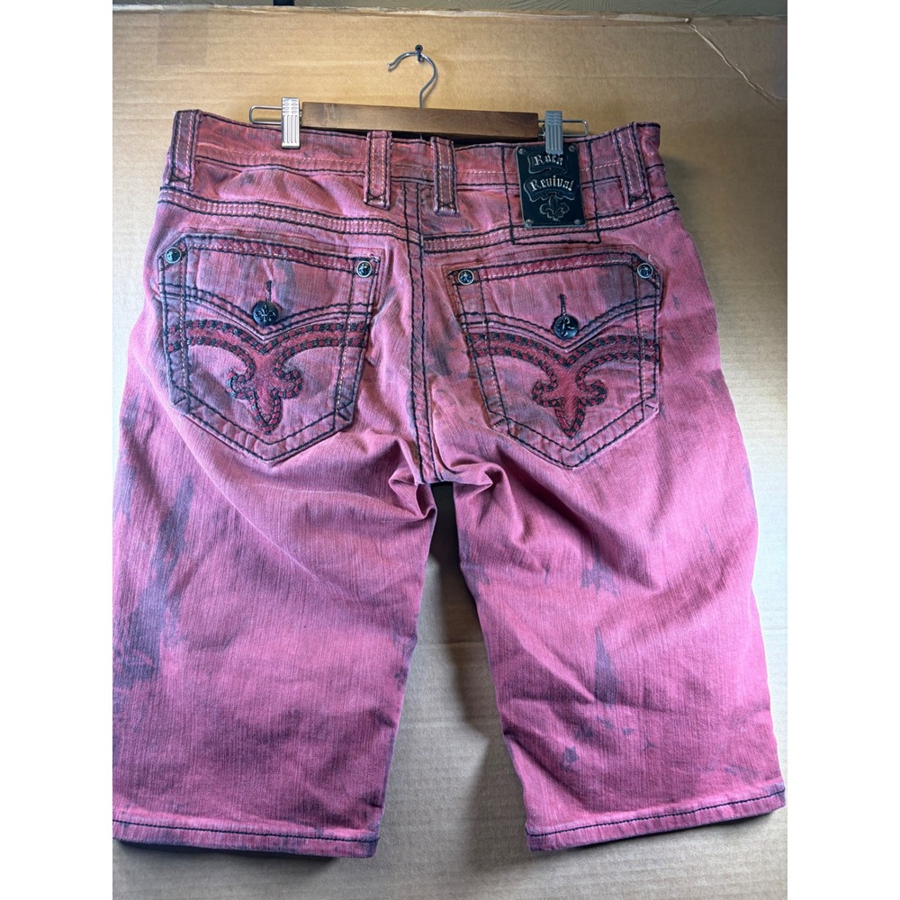 Rock Revival Trenton Shorts Mens 36 Red Acid Wash Denim Thick Stitch Relaxed Fit